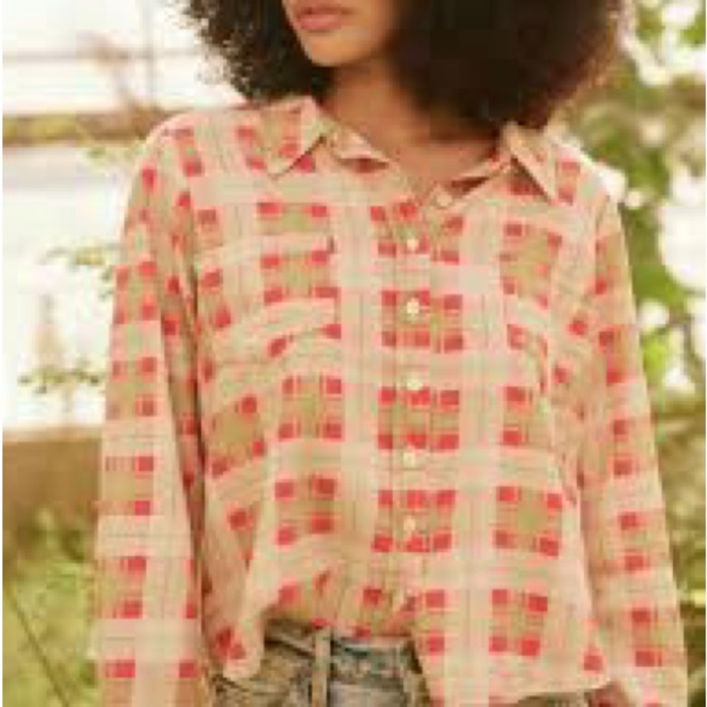 NWT $296 The Great Scouting Plaid Button Down Long Sleeve Blouse